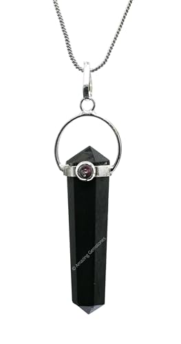 Amazing Gemstone Shungite Pendant Necklace D Shape with Garnet