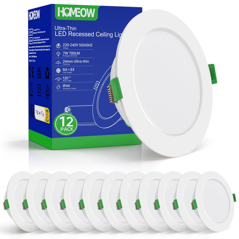 HOMEOW Recessed LED Spotlights 230 V 95 mm - 110 mm Hole Size 7 W 700 LM | Neutral White 4000K Ceiling Spot, Recessed Spot Diameter 118 mm, IP44 Recessed Lights for Bathroom Kitchen Living Room 12-Pack Neutral White 7W, 95-110 mm Hole Size