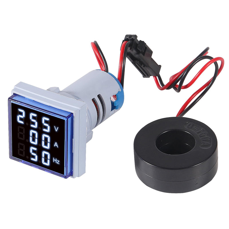 [Australia - AusPower] - Alinan 3 in 1 60-500V 0-100A AC Digital Ammeter Voltmeter, 22mm Square Digital Tube Screen with Transformer, LED Display Voltage Detector Current Tester Gauge(Blue) Blue 