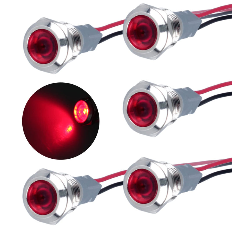 [Australia - AusPower] - 5 Pcs 12mm 110V-220VAC Metal LED Indicator Light Mounting Hole 1/2" 20mA Energy Saving Signal lamp Waterproof IP67 with Wire for machine tools household appliances etc.(12mm Red) 