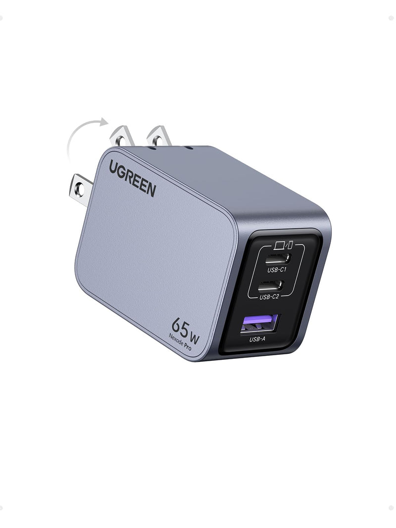 [Australia - AusPower] - UGREEN Nexode Pro 65W USB C Charger, 3-Port Mini Compact Foldable PPS GaN Fast Wall Charger Block for MacBook Pro/Air M2, Pixelbook, Dell XPS, iPhone 15 Pro/14, Galaxy S24 Ultra, Pixel 8, Steam Deck 