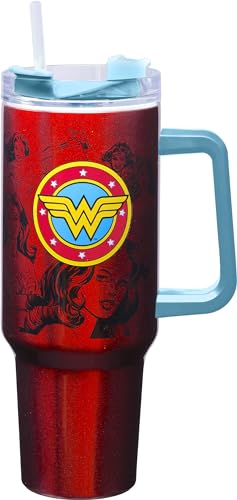Spoontiques DC Comics Stainless Steel Travel Mug, 40oz - Double Wall Insulation, Sturdy Handle, Sliding Lock Travel Lid - Wonder Woman 40 Ounces