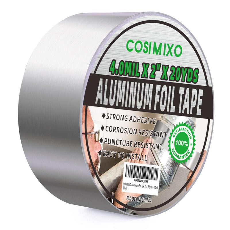 COSIMIXO Silver Aluminum Foil Duct Tape 4.0mil x 2 Inches x 20Yards,Heavy Duty,High Temperature Sealing and Patching,Perfect for HVAC,Air Ducts,Foamboard,Metal Repair,Insulation,Dryer Vent and More 4Mil x 2" x 20Yds