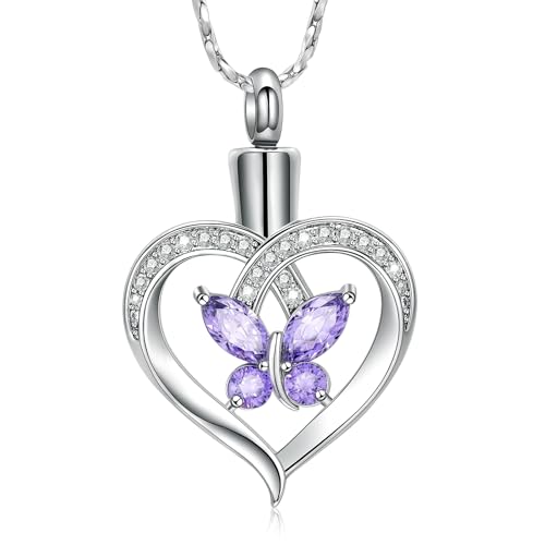 Imrsanl Butterfly Heart Pendant Cremation Urn Necklace for Women Silver-Purple