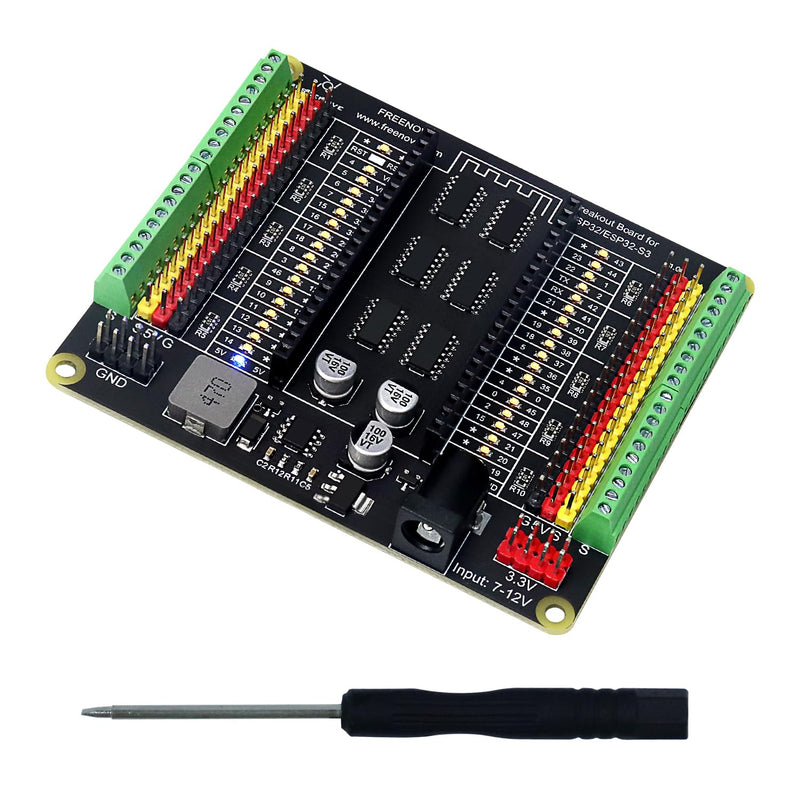 Freenove Breakout Board for ESP32 ESP32-S3 Development Board Protoboard | Terminal Block Shield HAT with Pin Header, GPIO Status LED, Multiple 5V 3.3V Power Outputs