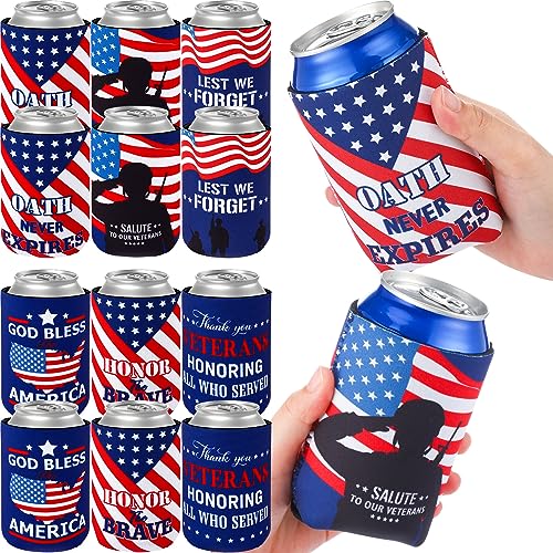 Tenceur 48 Pcs Military Veteran Gifts Patriotic Gift American Flag Bottle Cooler Sleeves Collapsible Insulator Reusable Can Bottle for Veterans Day Memorial Day, 12 oz