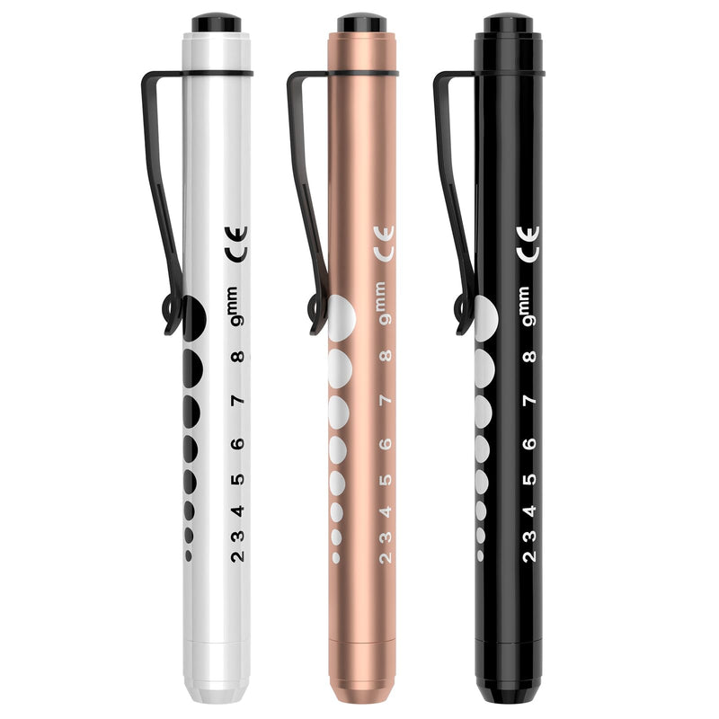 [Australia - AusPower] - RISEMART 3packs Pen Lights for Nurses, Reusable Medical Pen Light with Pupil Gauge and Ruler, White Light LED Penlight for Nurse Student Doctors EMT(Black/Gold/White) Black/Gold/White 