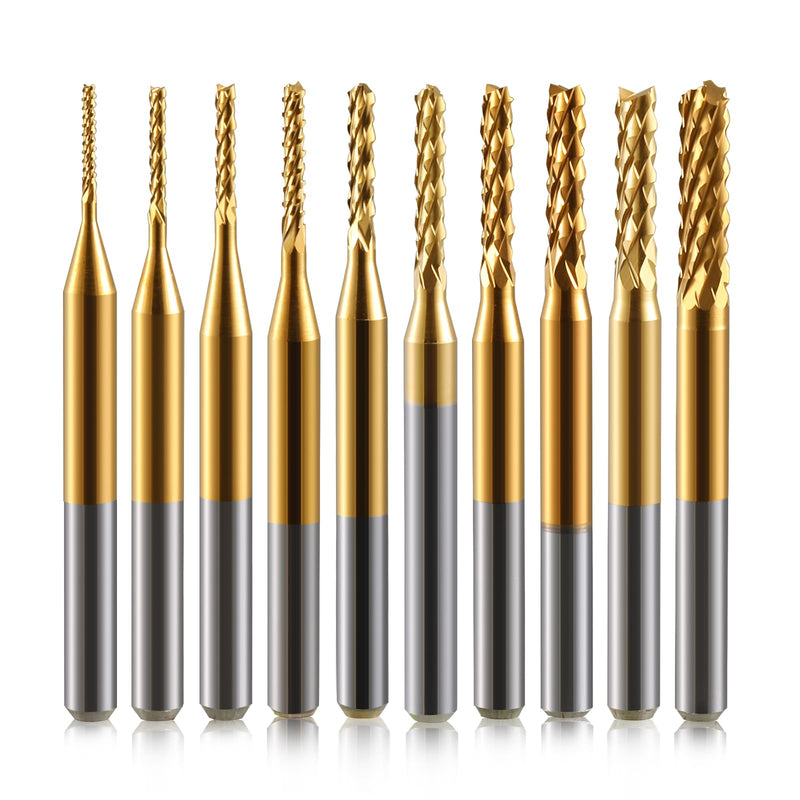 End Mill Sets,10Pcs Titanium Coat Ending Mill,1/8" Shank 0.8-3mm Micro End Mill Engraving Bits CNC Router Bits for Rotary Tools 0.8-3.0mm