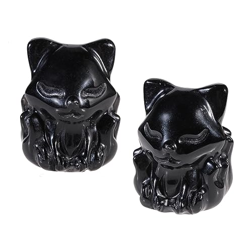 mookaitedecor 2 Pcs Carved Black Obsidian Crystal Nine Tailed Fox Figurine