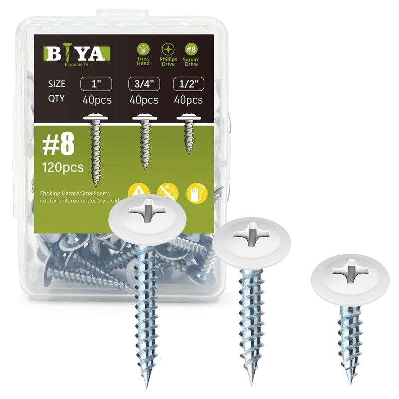 [Australia - AusPower] - White Screws,#8 White Wood Screws 120pcs Thread Truss Head Fast Self Tapping White Pan Cabinet Screws Wood Work for Wall Plates, 1/2 Inch, 3/4 Inch, 1 Inch 120 