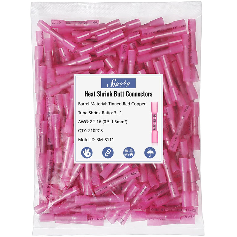 [Australia - AusPower] - Heat Shrink Butt Wire Connectors, Sopoby 210Pcs 22-16 AWG Red Insulated Waterproof Electrical Wire Connectors Automotive Marine Grade Wire Crimp Terminals Butt Splices, Ideal for Boat, Truck, Red 