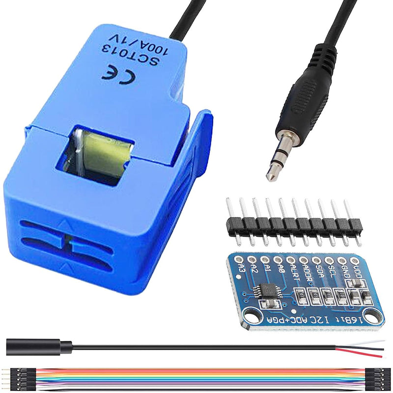 SCT-013-000 Non-invasive Sensor Split Core Current Transformer 100A/1V AC Current Sensor + ADC Module with Audio Socket Cable Male and Female for Arduino