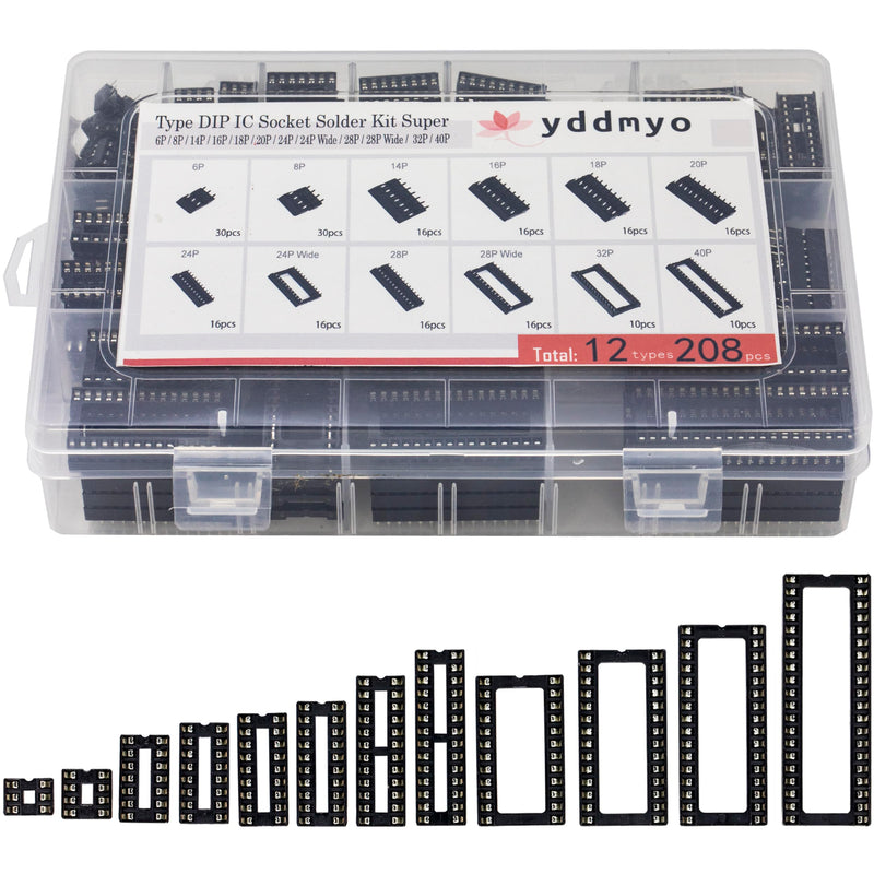 [Australia - AusPower] - 208pcs 12 Values DIP IC Socket Assortment Kit 2.54mm 0.1" Pitch 6 8 14 16 18 20 24 24Wide 28 28Wide 32Wide 40 Pins 
