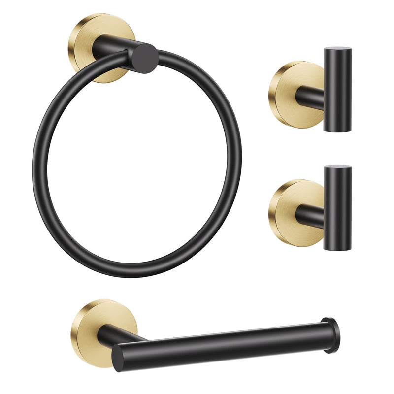 Lairuier Bathroom Hardware Set, 4-Piece Towel Holder Set Include Toilet Paper Holder,Towel Ring and 2 Towel Hooks Stainless Steel Wall Mounted Bathroom Hardware Accessories Set (Black and Gold) Black Gold Set A