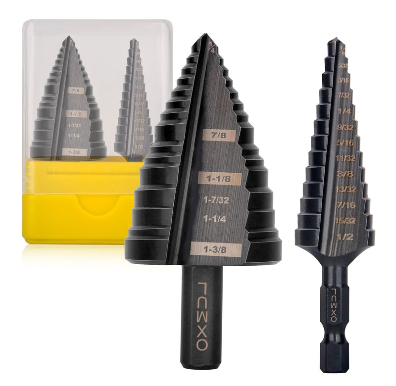 M35 Step Drill Bit Set for Metal, 1/8—1-3/8, 19-Steps, Cobalt Bits, Heavy-Duty for Stainless Steel, Hard Metal, Aluminum, Wood, 2pcs. Z204_205 2 Set 1/8—1-3/8