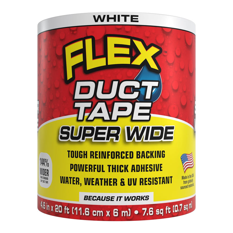 Flex Duct Tape, Super Wide, 4.6 Inches x 20 Feet, White, Heavy Duty Strong, Multi-Surface, Water, Weather and UV Resistant, Tearable, Perfect for Boxes, No Residue 4.6" x 20'