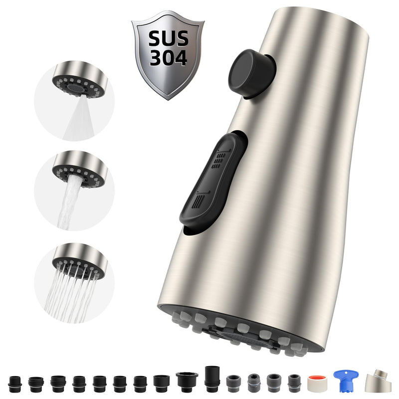 Hibbent Metal Pull Down Spray Head for Kitchen Faucet, Kitchen Sink Spray Nozzle with 15 Adapters, Faucet Head Replacement Compatible with Moen, American Standard, Delta, Kohler Faucet, Brushed Nickel Stainless Steel