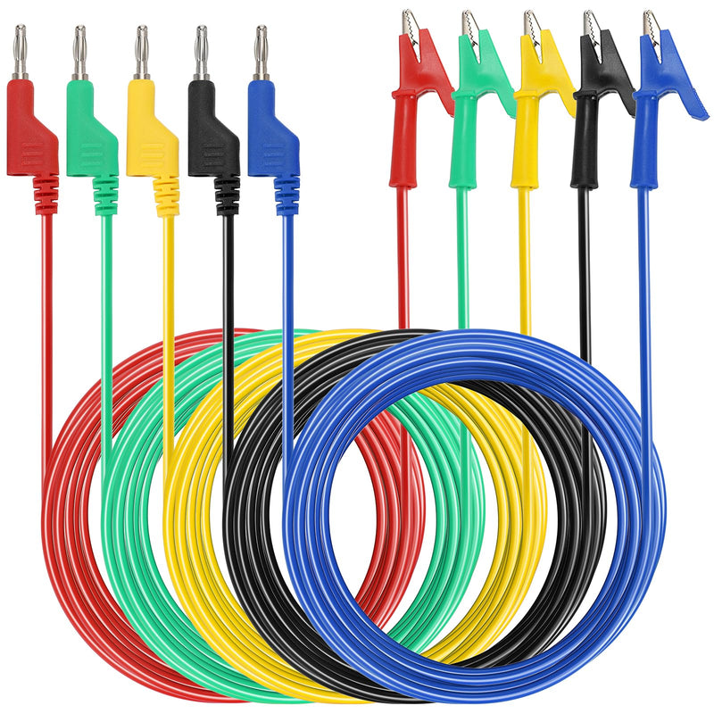 Sumnacon Multimeter Banana Plug to Crocodile Alligator Clip Test Probe, 5PC 4mm Stackable Colorful Silicone Banana Plug to Alligator Clip Test Probe Lead Wire Cable 9.8Ft/3M 9.8 ft
