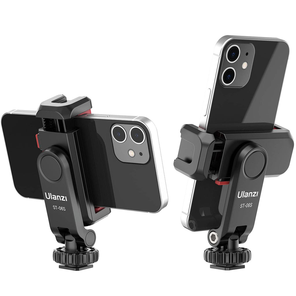 [Australia - AusPower] - ULANZI Phone Tripod Mount ST-06S, New Universal Smartphone Mount Adapter with 2 Cold Shoe, 360° Rotates Adjustable Cell Phone Clip Clamp Holder, Compatible with iPhone, Samsung Galaxy and All Phones New Black 