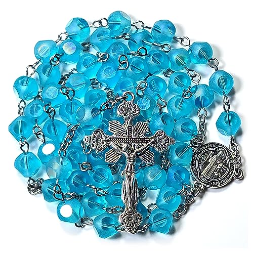 Rosary Beads Chaplet 6 Sided cut Dazzle Artificial Crystal Glass Rosery Cross Catholic gifts Blue