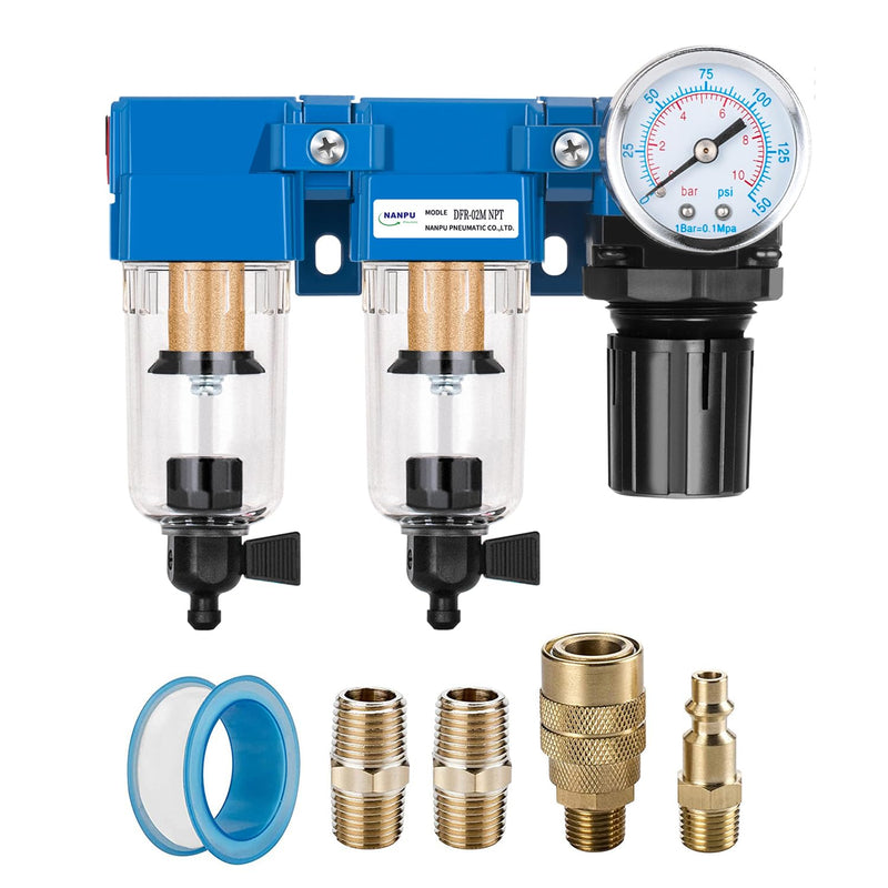 [Australia - AusPower] - NANPU 1/4" NPT Air Drying System - Double Air Filters, Air Pressure Regulator Combo - Manual Drain, Poly Bowl - DFR-02M 