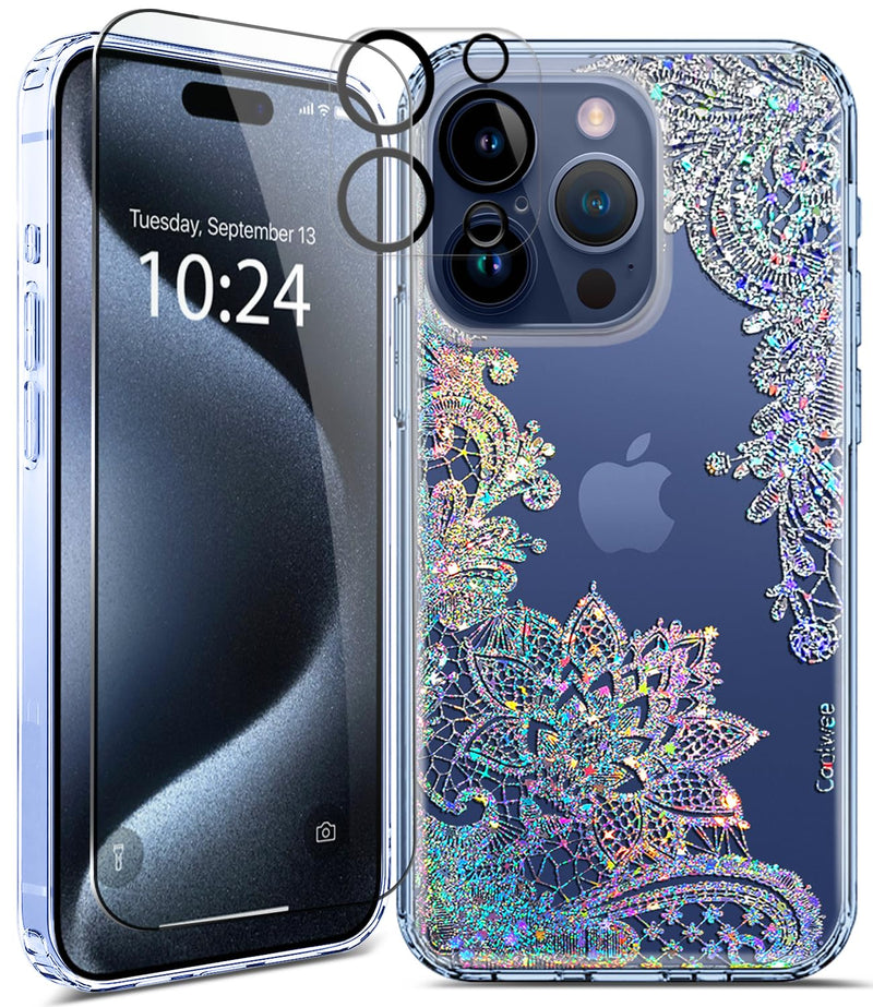 [Australia - AusPower] - Coolwee Anti Yellowing Clear Glitter for Apple iPhone 15 Pro Max Case Floral, 6.7 inch, 6.6ft Military Grade Protective Cute Mandala Crystal Bling Lace Slim TPU with Camera & Screen Protector Clear Glitter Lace 