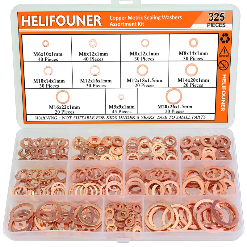 [Australia - AusPower] - 325 Pieces Copper Washers, HELIFOUNER 11 Sizes Copper Metric Sealing Washers, Flat Washers Assortment Kit (M5 M6 M8 M10 M12 M14 M16 M20) 325 Pieces Copper Washers Set 
