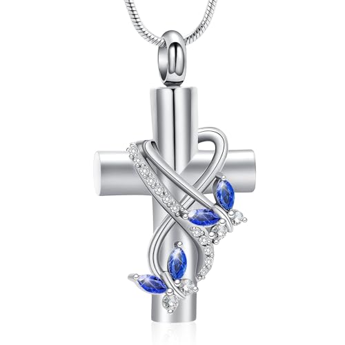 Urn Necklaces for Ashes Butterfly Cremation Jewelry for Ashes for Human Cross with Crystal Butterfly Memorial Ash Pendant Keepsake Jewelry Gifts for Loss of Loved One Silver-blue