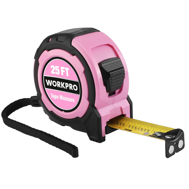 [Australia - AusPower] - WORKPRO 25FT Pink Tape Measure, 1/8 Fractions Easy Read Measuring Tape, Retractable Nylon Coating Measurement Tape Accuracy 1/32, Magnetic Hook, Belt Clip, Rubber Protective Casing 