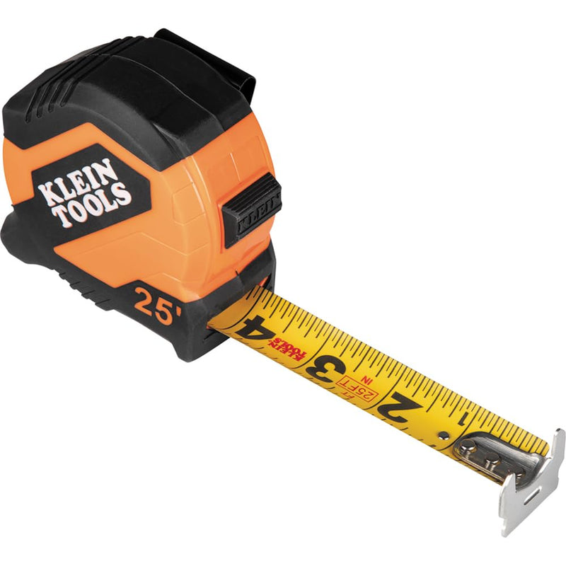 [Australia - AusPower] - Klein Tools 9525 Tape Measure, 25-Foot Compact Double-Hook Imperial Measuring Tape with Finger Brake, Nylon Blade, Easy to Read Bold Lines 