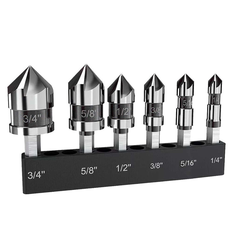 Countersink Drill Bit Set, 6 Pieces M35 Cobalt HSS 5-Flute Pro-Grade Countersink Bits, 1/4 Inch Quick Change Hex Shank for Metal Wood Stainless Steel Carbon Steel Auto Repair Marine Use