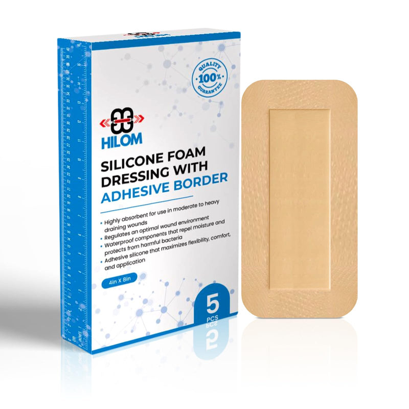 [Australia - AusPower] - Silicone Foam Dressing with Adhesive Border 4 in x 8 in (5 Pack) Waterproof Dressing, Latex Free for Moist to Heavily draining Wounds 4 in x 8 in (5 Pack) 