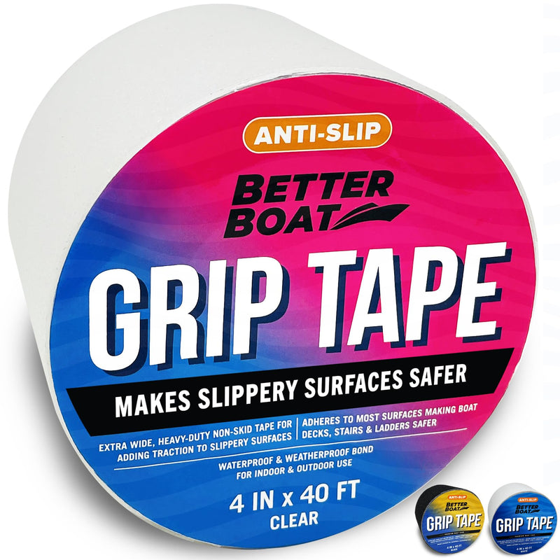 Better Boat Anti Slip Tape for Outdoor Stair Treads, Non-Skid Grip for Stairs and Steps, 4" x 40ft Roll, Clear Waterproof Traction, Weather-Resistant Friction Floor Tread for Dogs and Steps