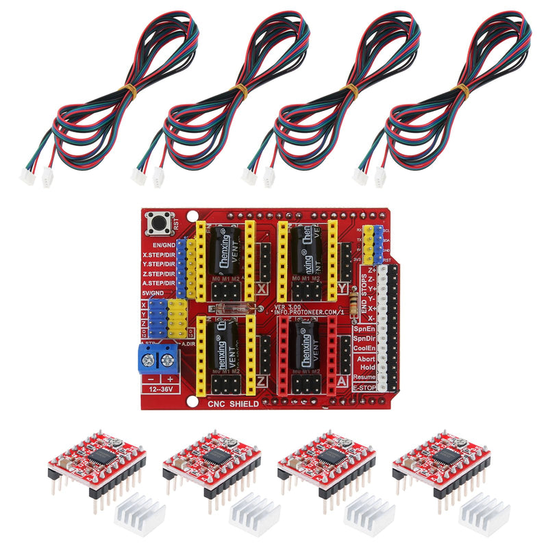 [Australia - AusPower] - CNC Shield V3.0 Extension Board+4Pcs A4988 Stepper Motor Driver with Heat Sinks+4Pcs 1.5M Stepper Motor Cable for 3D Printer/Engraver DC 12V to 36V 