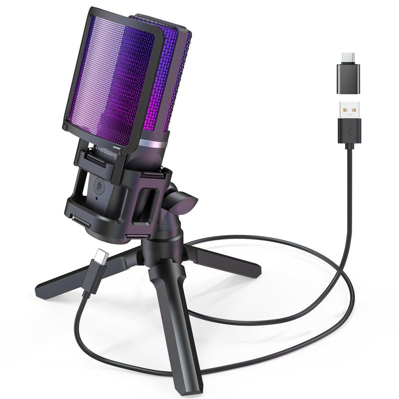 [Australia - AusPower] - ZealSound Gaming USB Microphone for PC,RGB Condenser Computer Mic with Tripod Stand,Quick Mute,Gain Control for Gaming,Streaming,Podcasting,Recording,ASMR,Cardioid Mic Kit for Laptop/PS4/PS5/Phone RGB 