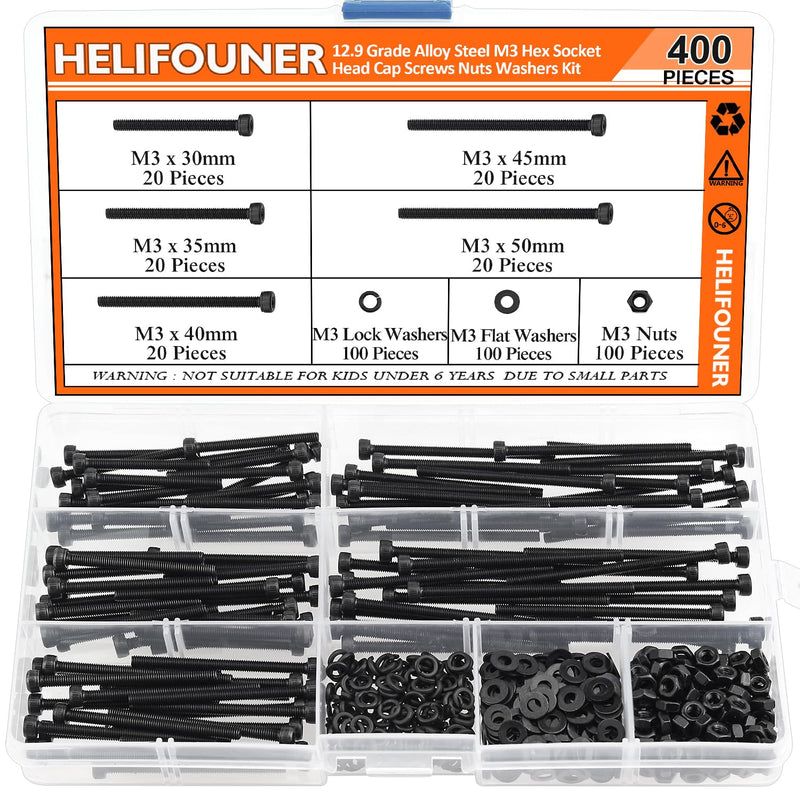 [Australia - AusPower] - 400 Pieces M3 x 30mm /35mm /40mm /45mm /50mm, Hex Socket Head Cap Metric Screws Bolts Washers Nuts Kit, 12.9 Grade Alloy Steel, Fully Threaded, Black M3 x 30/35/40/45/50mm 