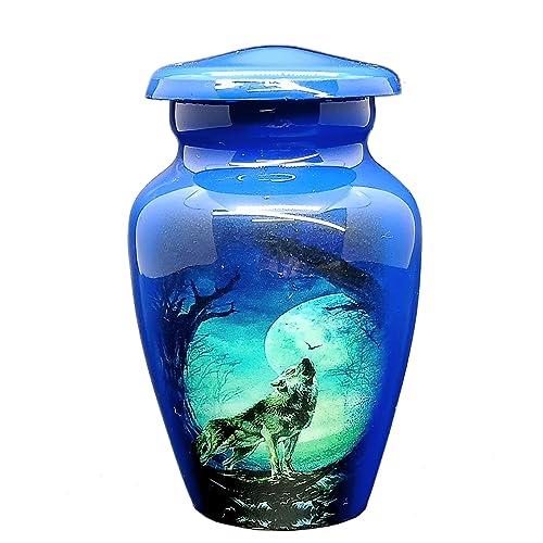 Keepsake Urn - Howling Wolf with Moon Keepsake Cremation Urn for Human Ashes - Blue Metal - 3 cu.in