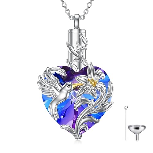 VONALA Hummingbird Urn Necklace for Ashes S925 Sterling Silver Hummingbird Cremation Jewelry for Ashes for Women Hummingbird Memory Ashes Keepsake Necklace for Loss Loved Ones Women Purple