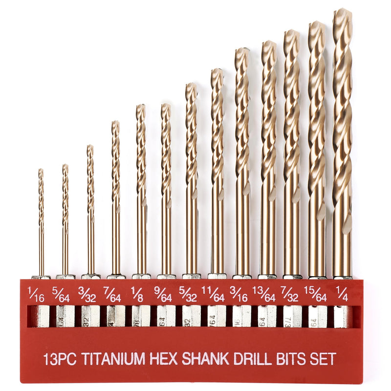 13 Pcs Titanium Coated Twist Hex Shank Drill Bit Set, 135 Degree Tip HSS Impact Drill Bit Set with Storage Case for Metal, Aluminum, Steel, Wood, Plastic, Quick Change Design 1/16" to 1/4" 13pcs-HEX