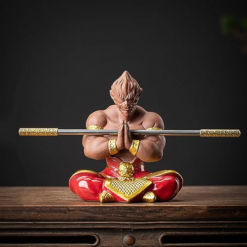 Sun Wukong Statue, Ceramic Monkey King Buddha Monk Figurine, 5.5" H Red