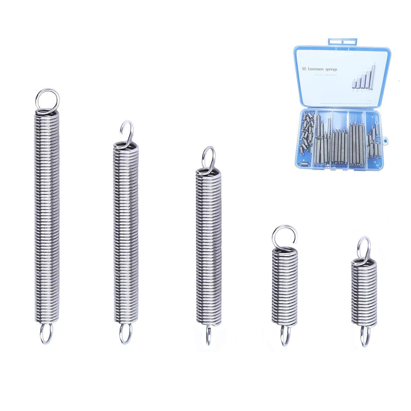 [Australia - AusPower] - 60pcs Extension Spring Assortment Kit, 0.035" Wire Diameter, 1/4" Outside Diameter, 13/32" to 2-1/4" Length, Stainless Steel Mechanical Small Extension Springs with Hook Ends 