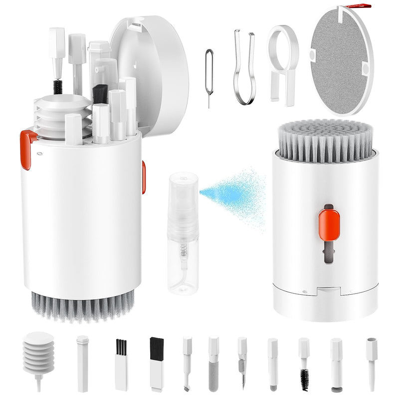 [Australia - AusPower] - Tounee Keyboard Cleaner Kit, Electronics Cleaning Kit with Retractable Big Brush, Portable, 20 in 1 Multi-Tool Kit for Phones, Tablet, Computer, PC Monitor,TV Camera Lens with 2.5ml Mist Spray (White) White 