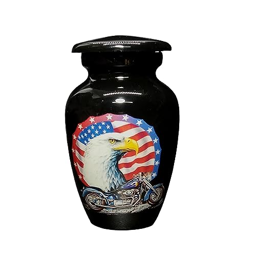 UR Keepsake Urn –US Flag Eagle with Bike Keepsake Cremation Urn for Human Ashes with Velvet Box & Velvet Bag-Mini Urn - Affordable Keepsake Urn (3 cu.in)
