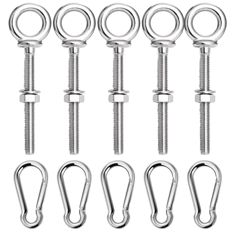 [Australia - AusPower] - 5 Pack M6 Eye Bolt, Eye Bolts with Nuts & Washers & Carabiners, 316 Stainless Steel Eye Bolt Heavy Duty, Marine Grade Threaded Eyebolts. 