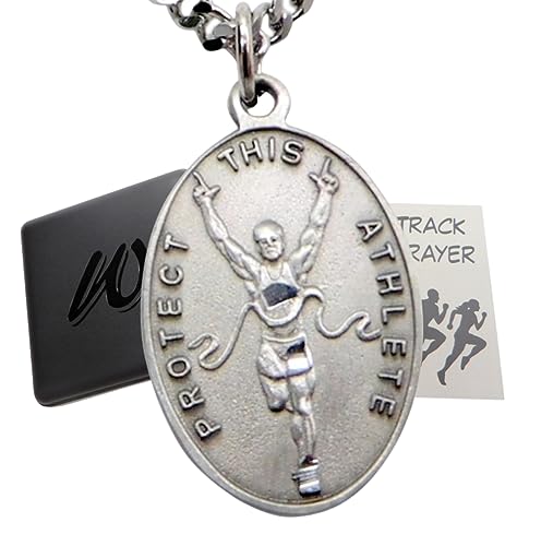 Track Pewter Runner Medal Necklace with St Sebastian Stainless Steel Chain