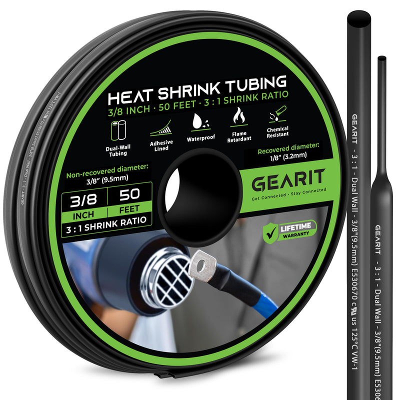 [Australia - AusPower] - GearIT 3/8 inch Heat Shrink Tubing - 3:1 Ratio Adhesive Lined, Marine-Grade Waterproof Industrial Shrink Wrap, Dual-Wall Tubing, UL Approved - 50FT Roll - Black 50 Feet - 3/8" 