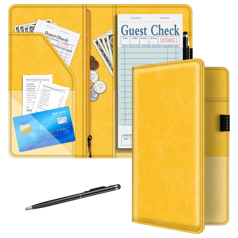 [Australia - AusPower] - BVYA Server Book for Waitress, 5x9 Inch Server Book with Zipper Pocket, Unique Printed Leather Server Wallet Organizer Fit Waitress Apron, With A Pen New Yellow 