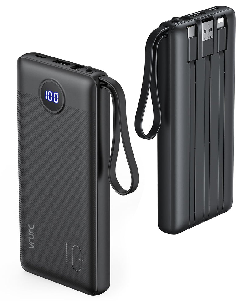 [Australia - AusPower] - VRURC Portable Charger with Built in Cables, 10000mAh Slim USB C Power Bank,5 Output 2 Input LED Display External Battery Pack Phone Charger Compatible with iPhone,Samsung,Android-Black(1 Pack) Black 