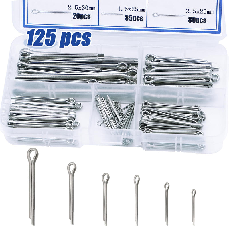 [Australia - AusPower] - 125pcs Cotter Pin Assortment Kit, 6 Sizes 304 Stainless Steel Cotter Pins Set, Split Pin Fastener Clips for Car Mechanics, Lawn Mowers, Trucks, Tractors Repair 125PCS 