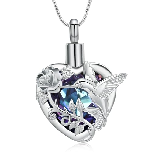 memorial jewelry Birthstone Personalized Hummingbird and Heart Cremation Urn Necklace Pendant Ashes Jewelry Purple-Steel
